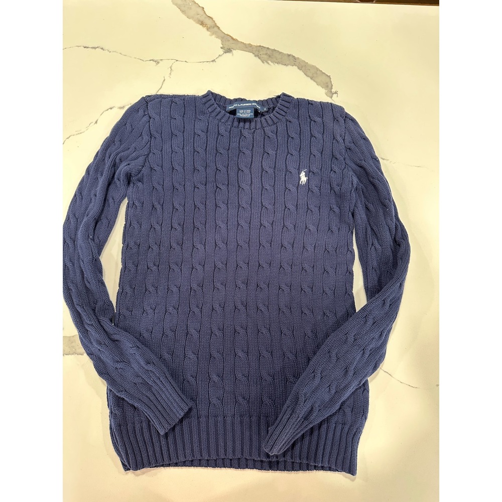 Ralph Lauren Sport Navy Blue Cable Knit Cotton Sweater Small Pony Logo Pullover